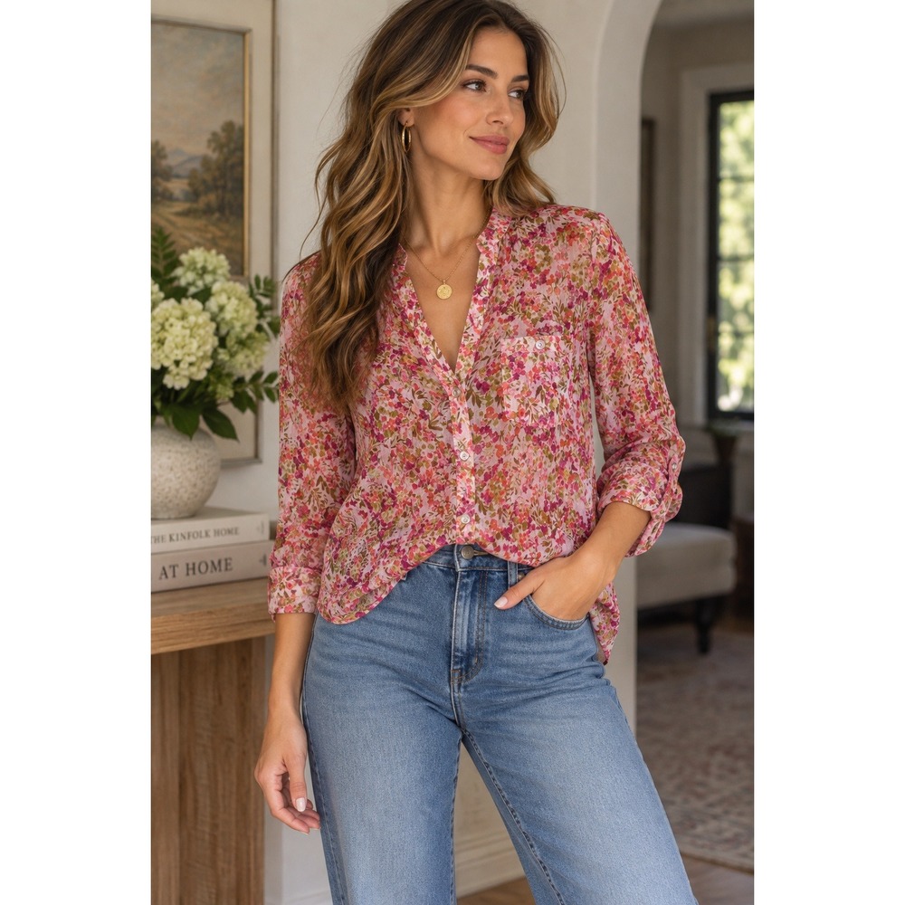 KUT Pink Floral Sheer Button Front Blouse Medium Cottagecore Romantic Top